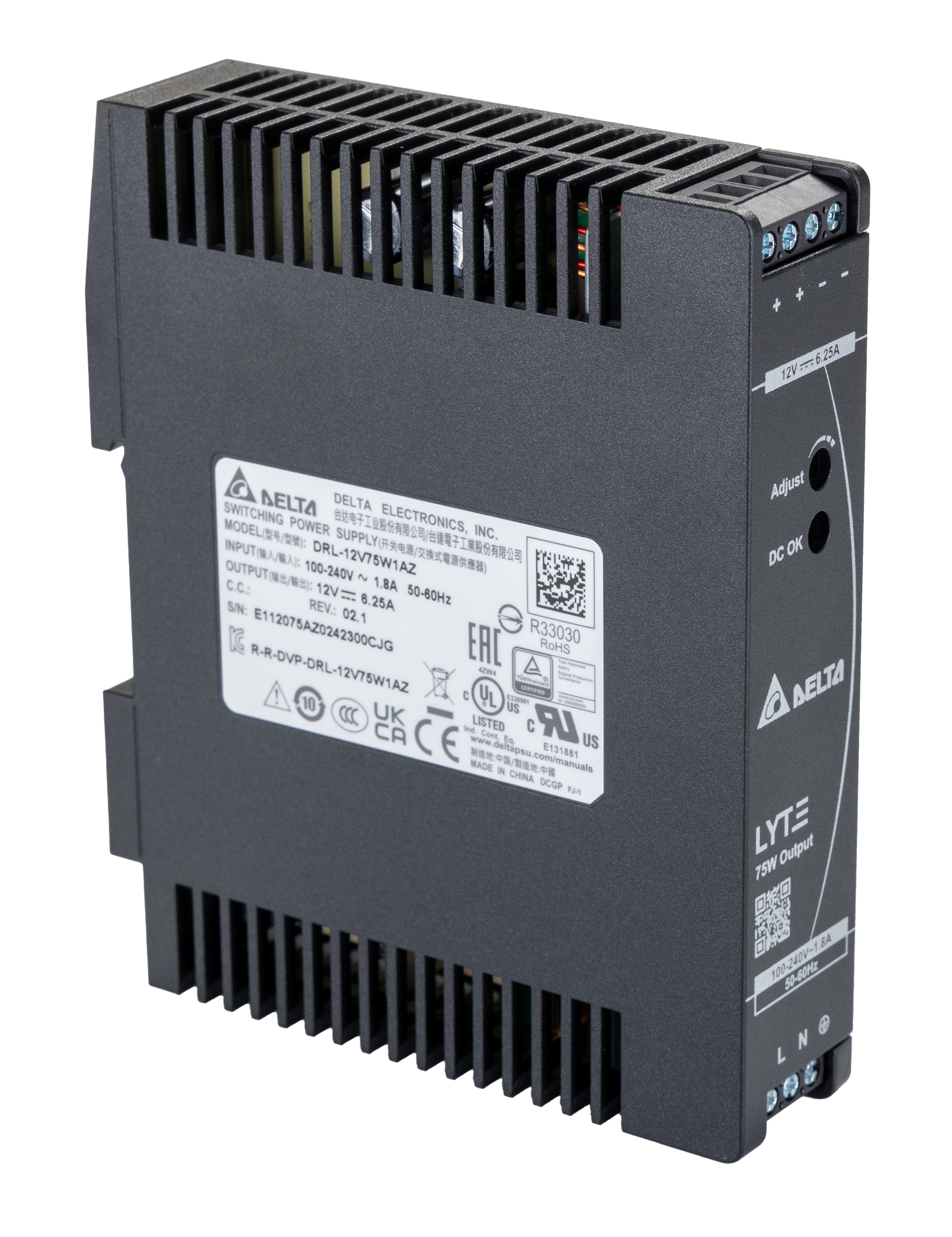 Delta Electronics DRL Switched Mode DIN Rail Power Supply, 85 → 264V ac ac Input, 12V dc dc Output, 6.25A
