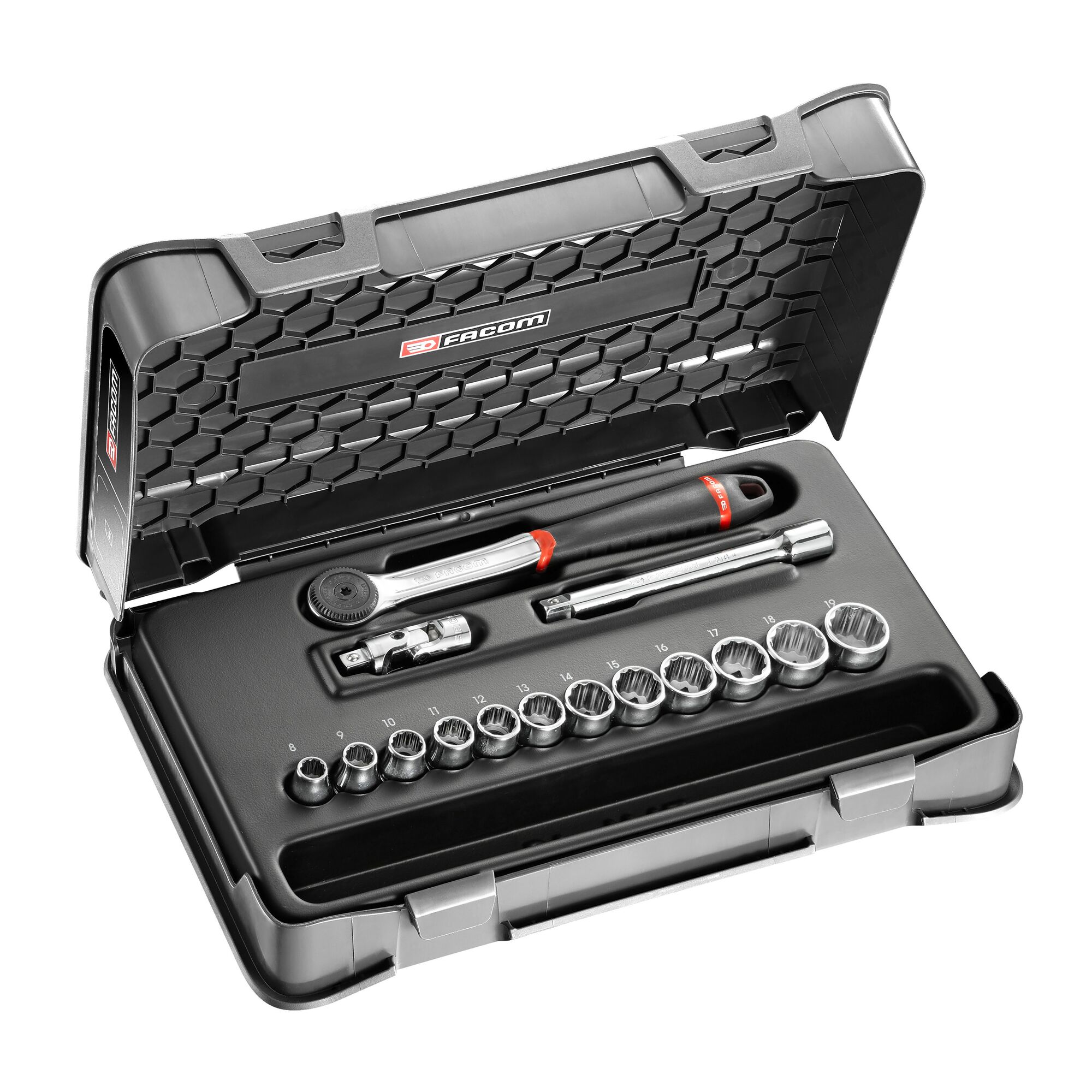 Facom 15-Piece Metric 3/8 in Standard Socket Set with Ratchet, 12 point