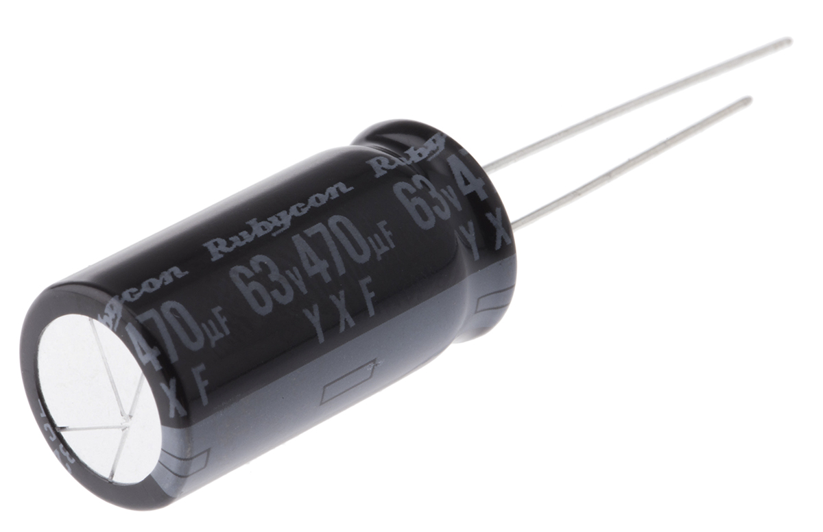 Rubycon 470μF Aluminium Electrolytic Capacitor 63V dc, Radial, Through Hole - 63YXF470M12.5X25