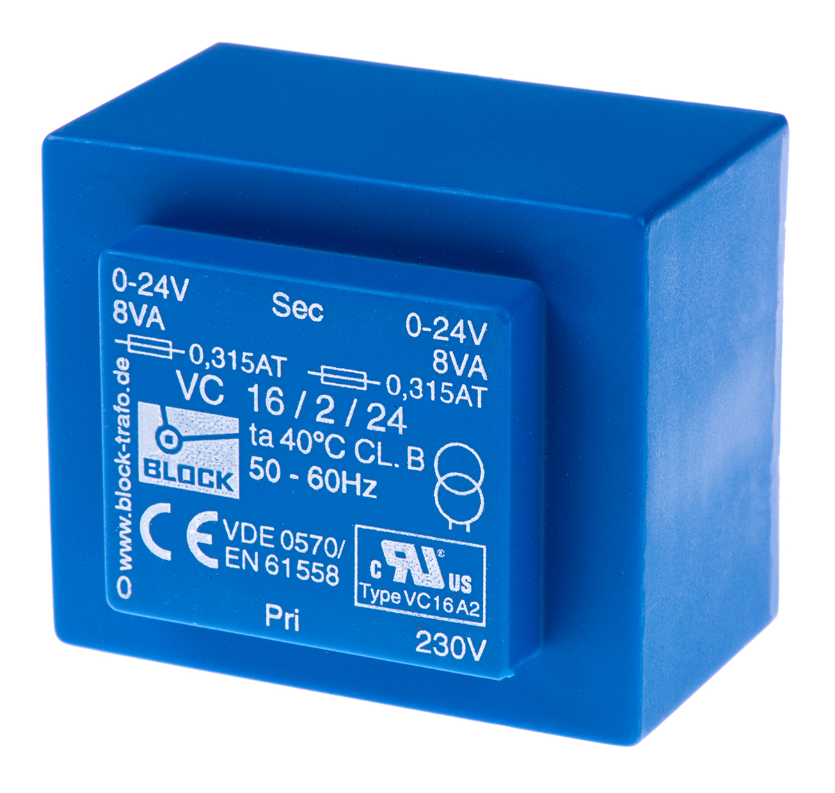 Block 24V ac 2 Output Through Hole PCB Transformer, 16VA