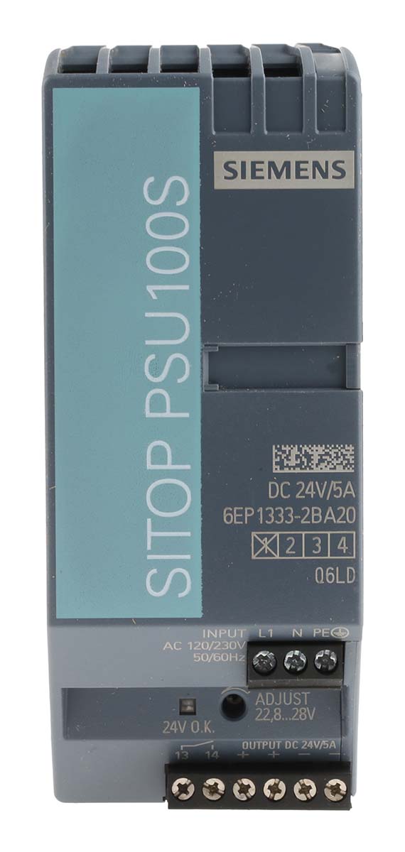 Siemens SITOP PSU100S Switched Mode DIN Rail Power Supply, 85 → 132V ac ac Input, 24V dc dc Output, 5A Output,