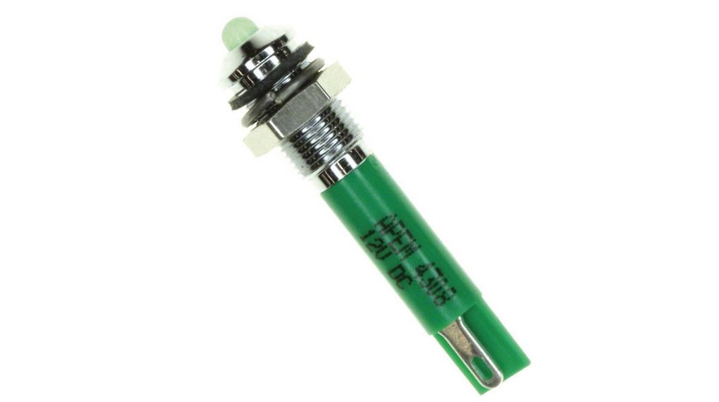 APEM Q6 Series Green Panel Mount Indicator, 12V dc, 6mm Mounting Hole Size, Faston, Solder Lug Termination, IP67
