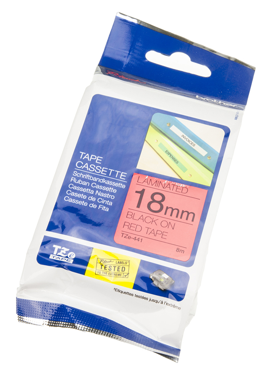 Brother Black on Red Label Printer Tape, 8 m Length, 18 mm Width