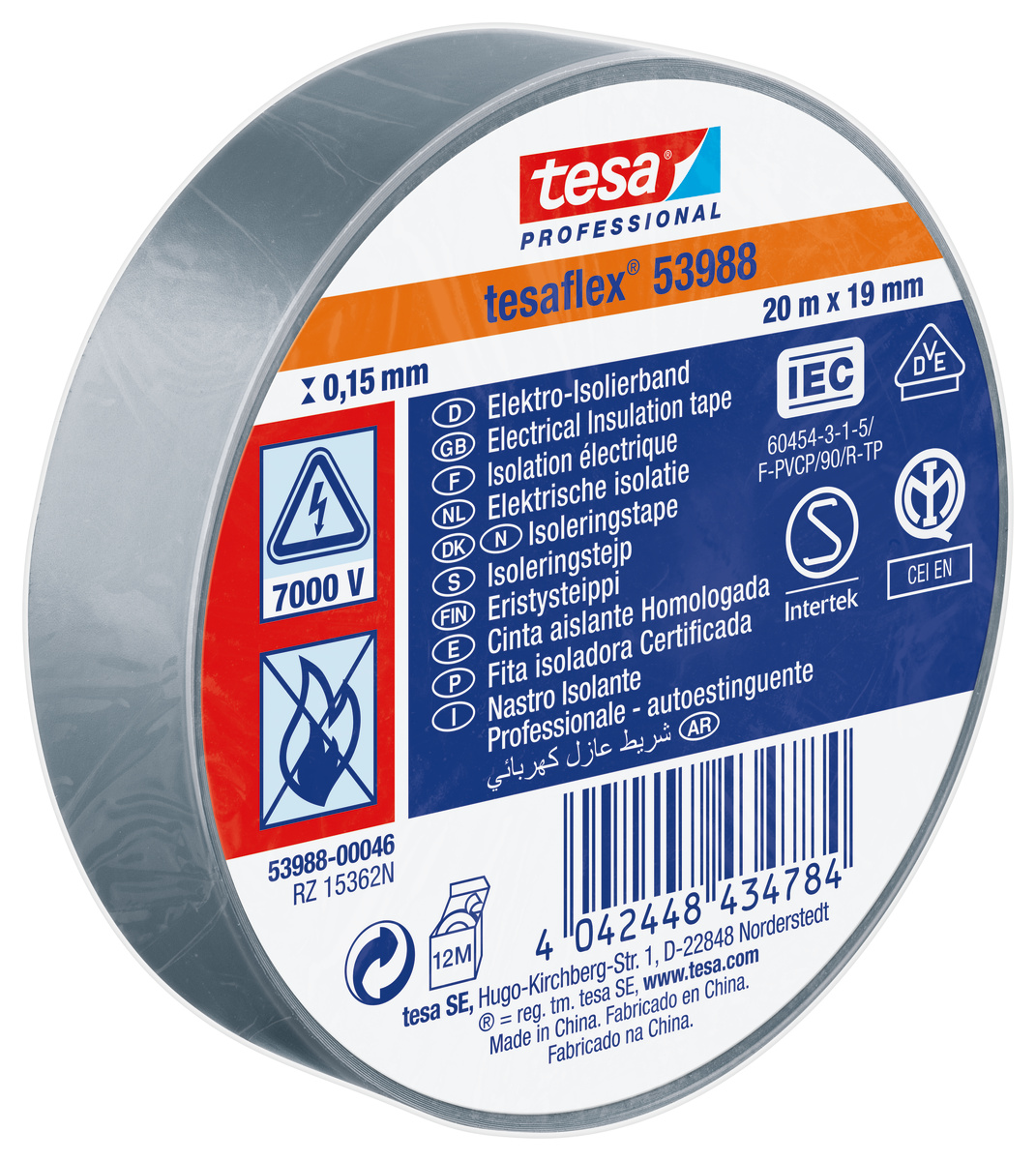 Tesa 53988 Grey, White Soft PVC Electrical Insulation Tape, 19mm x 20m