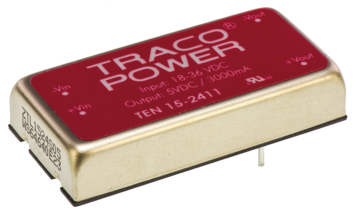 TRACOPOWER TEN 15 DC-DC Converter, 5V dc/ 3A Output, 18 → 36 V dc Input, 15W, Through Hole, +85°C Max Temp -40°C