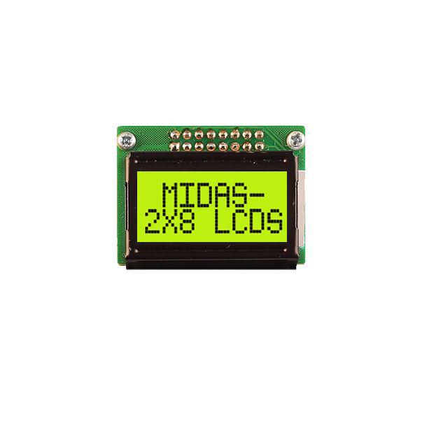 Midas MC20805B6W-SPTLY3.3-V2 Alphanumeric LCD Display, 2 Rows by 8 Characters