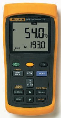 Fluke 54 Wired Digital Thermometer for Industrial Use, E, J, K, N, R, S, T Probe, 2 Input(s), +1767°C Max, ±0.05 %