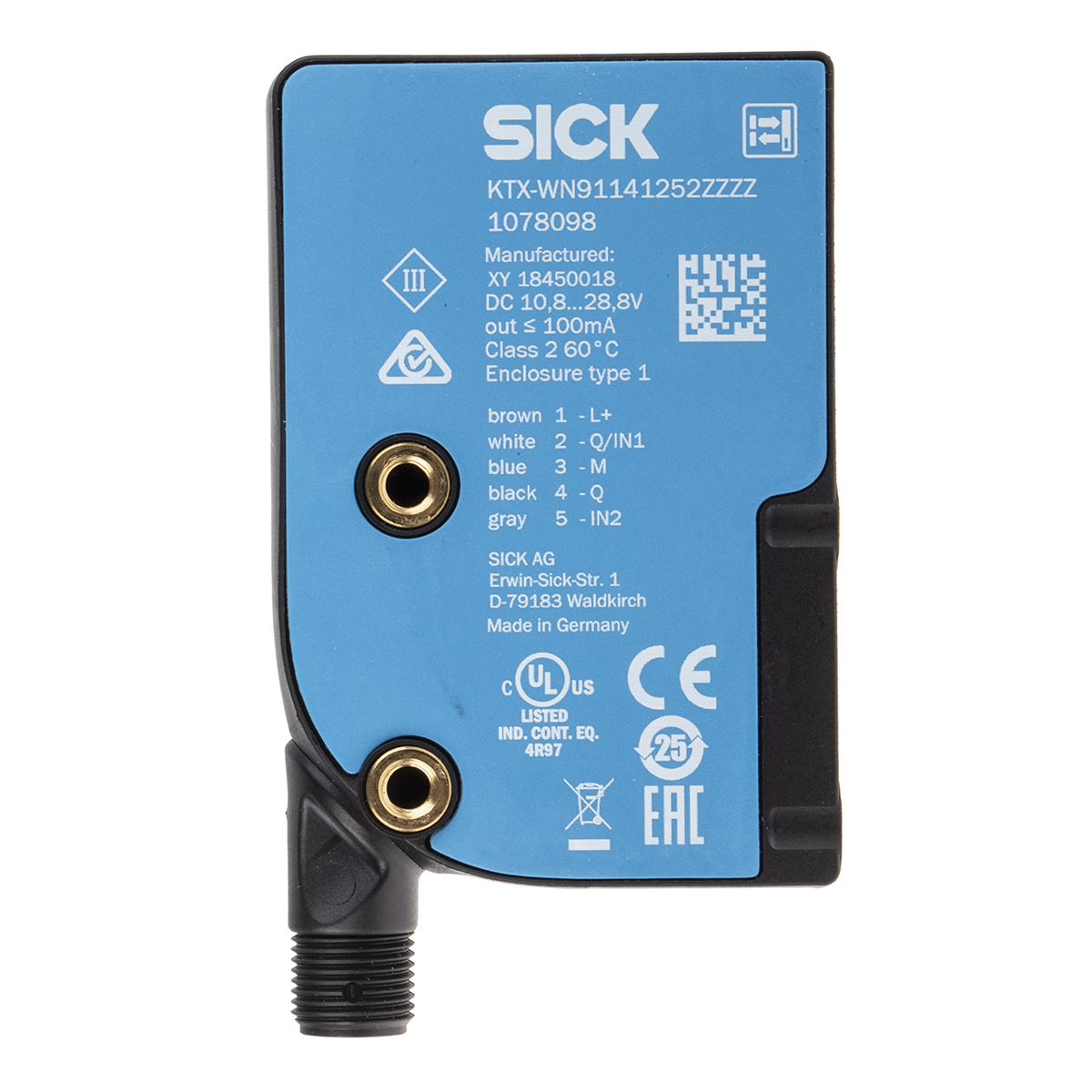 SICK Contrast Sensors 13 mm, RGB LED, NPN, 100 mA, 10.8 → 28.8 V dc, IP67