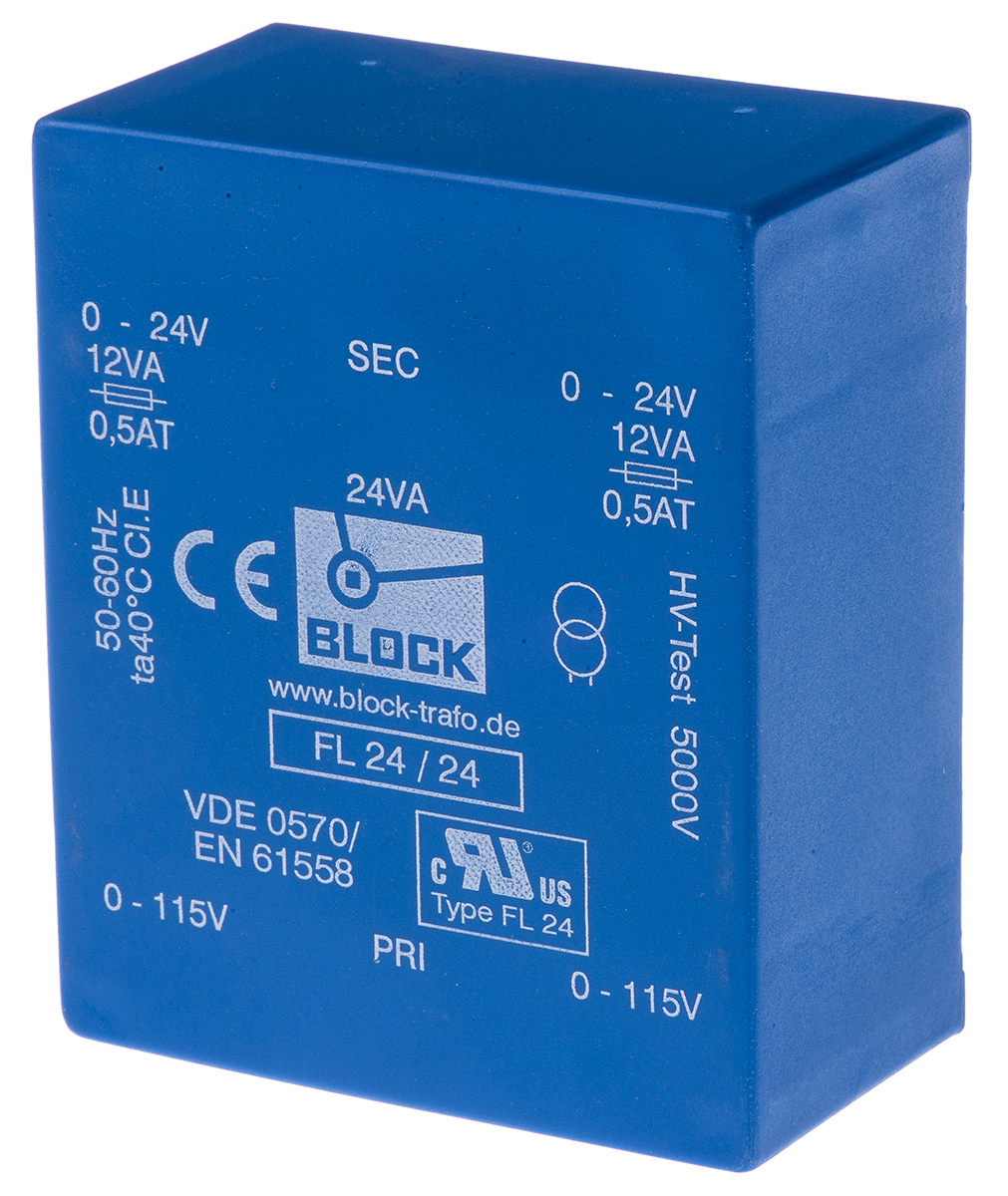 Block 24V ac 2 Output Through Hole PCB Transformer, 24VA