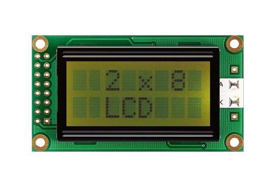 Midas MC20805A6W-SPR-V2 Alphanumeric LCD Display, Black on Yellow/Green, 2 Rows by 8 Characters, Reflective