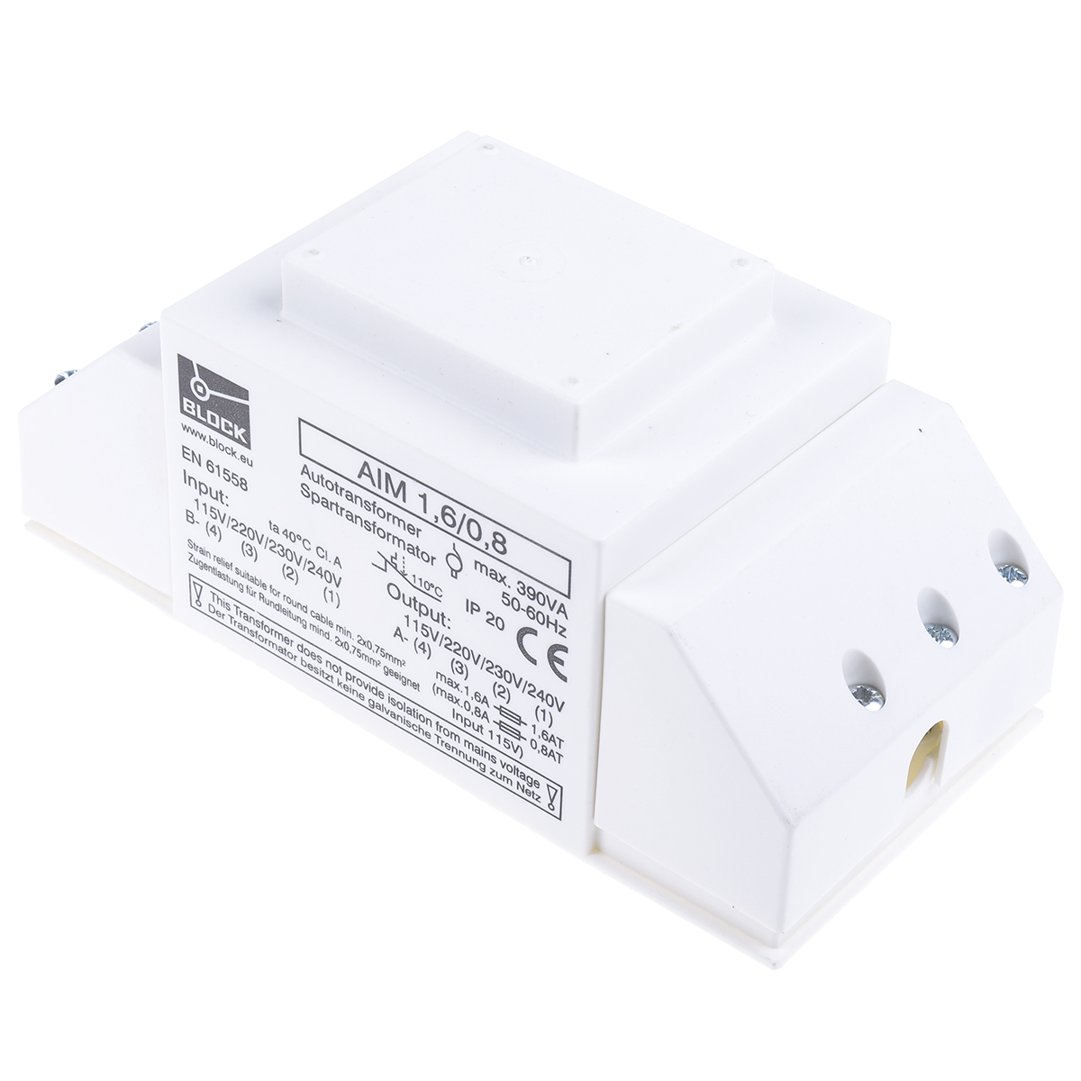 Block 390VA Enclosed Autotransformer, 115 V ac, 230 V ac Primary, 115 V ac, 220 V ac, 230 V ac, 240 V ac Secondary