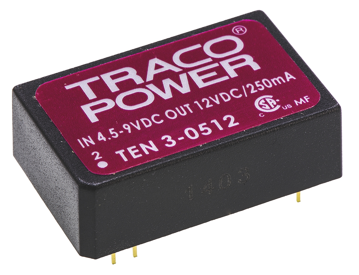 TRACOPOWER TEN 3 DC-DC Converter, 12V dc/ 250mA Output, 4.5 → 9 V dc Input, 3W, Through Hole, +85°C Max Temp