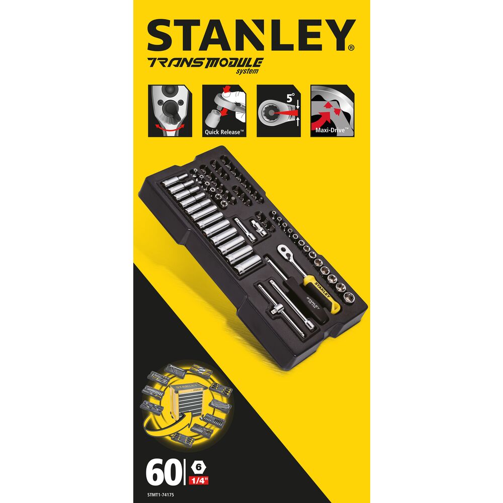 Stanley 60-Piece Metric 1/4 Standard Socket Set with Ratchet, 6 point