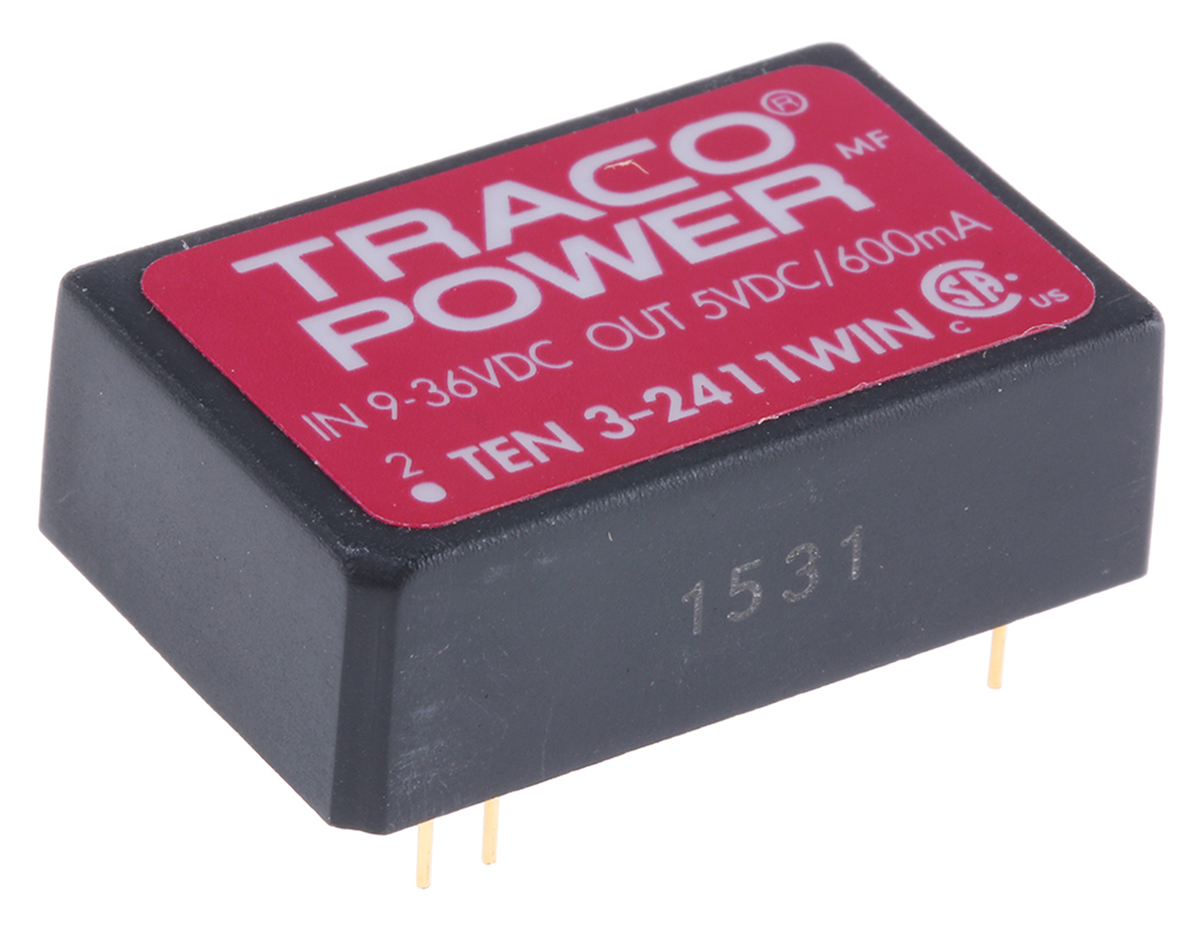 TRACOPOWER TEN 3WIN DC-DC Converter, 5V dc/ 600mA Output, 9 → 36 V dc Input, 3W, Through Hole, +85°C Max Temp