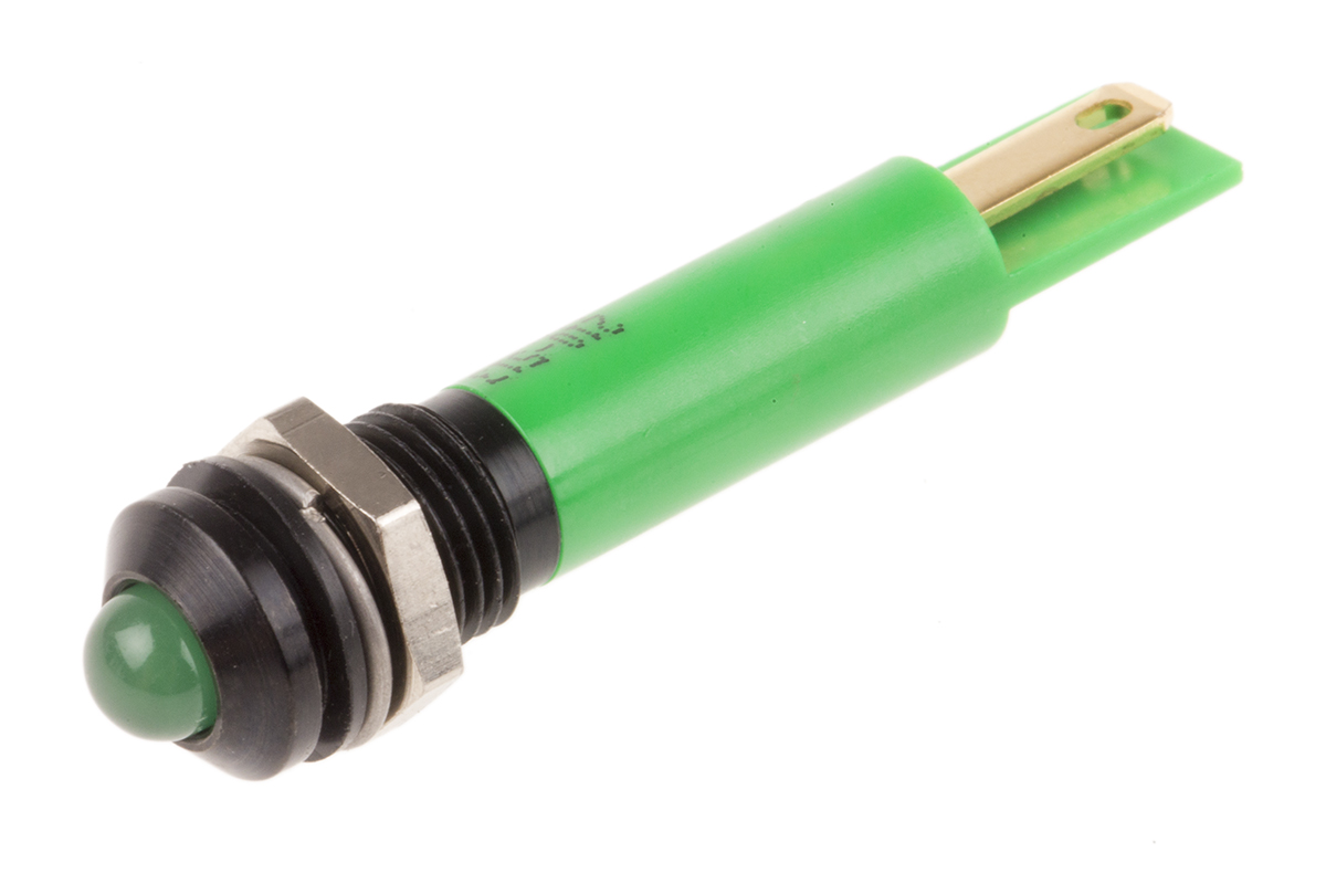 RS PRO Green Panel Mount Indicator, 110V ac, 8mm Mounting Hole Size, Solder Tab Termination