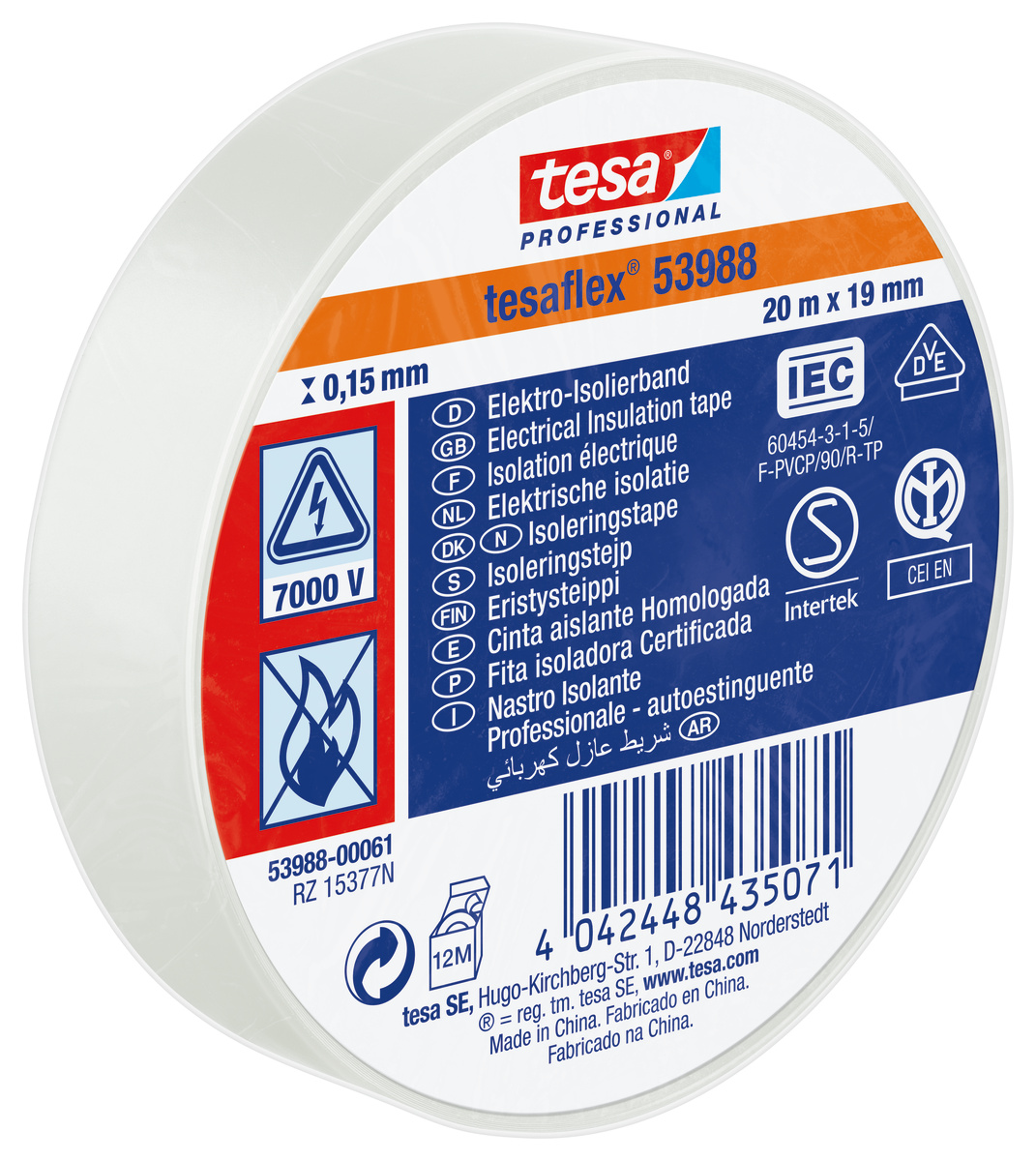 Tesa 53988 White Soft PVC Electrical Insulation Tape, 19mm x 20m