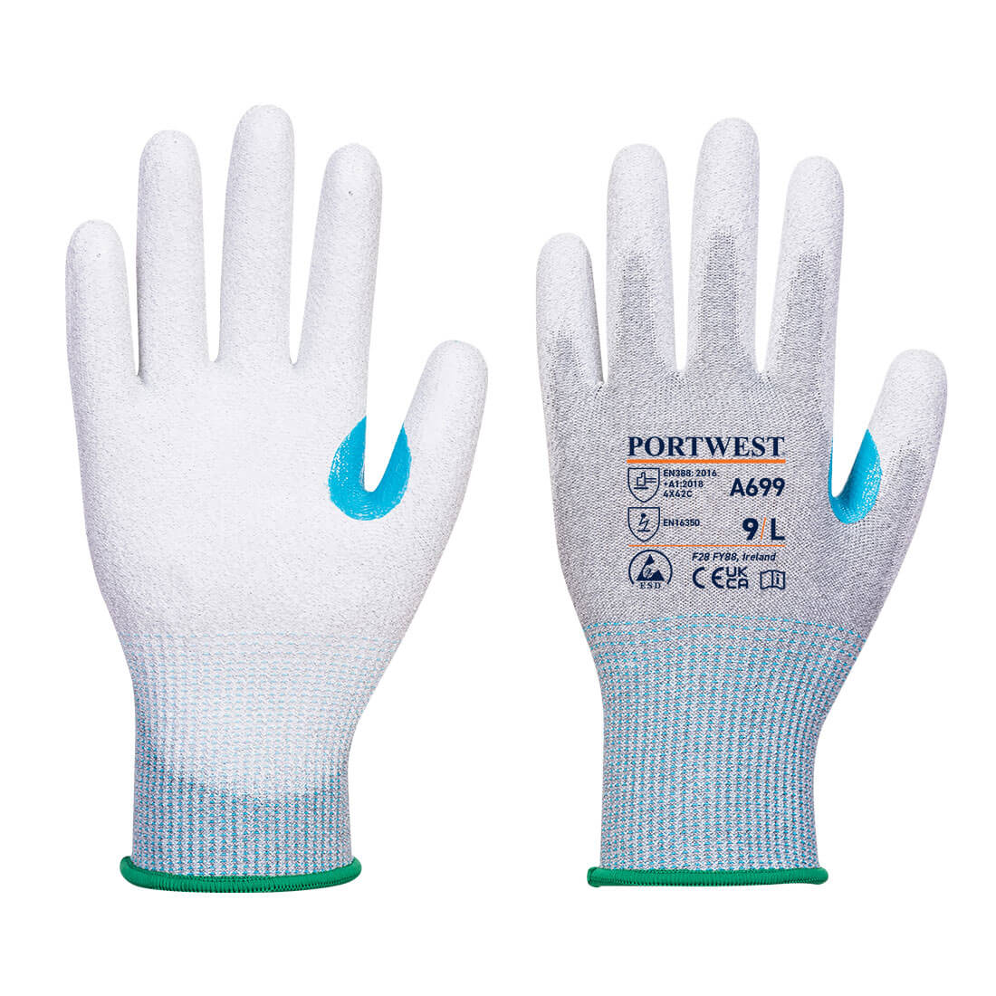 Portwest A699 - MR13 ESD PU Palm Glove (Pk12) Grey, White Carbon Fibre, Elastane, Polyester, Steel Fibre Work Gloves,