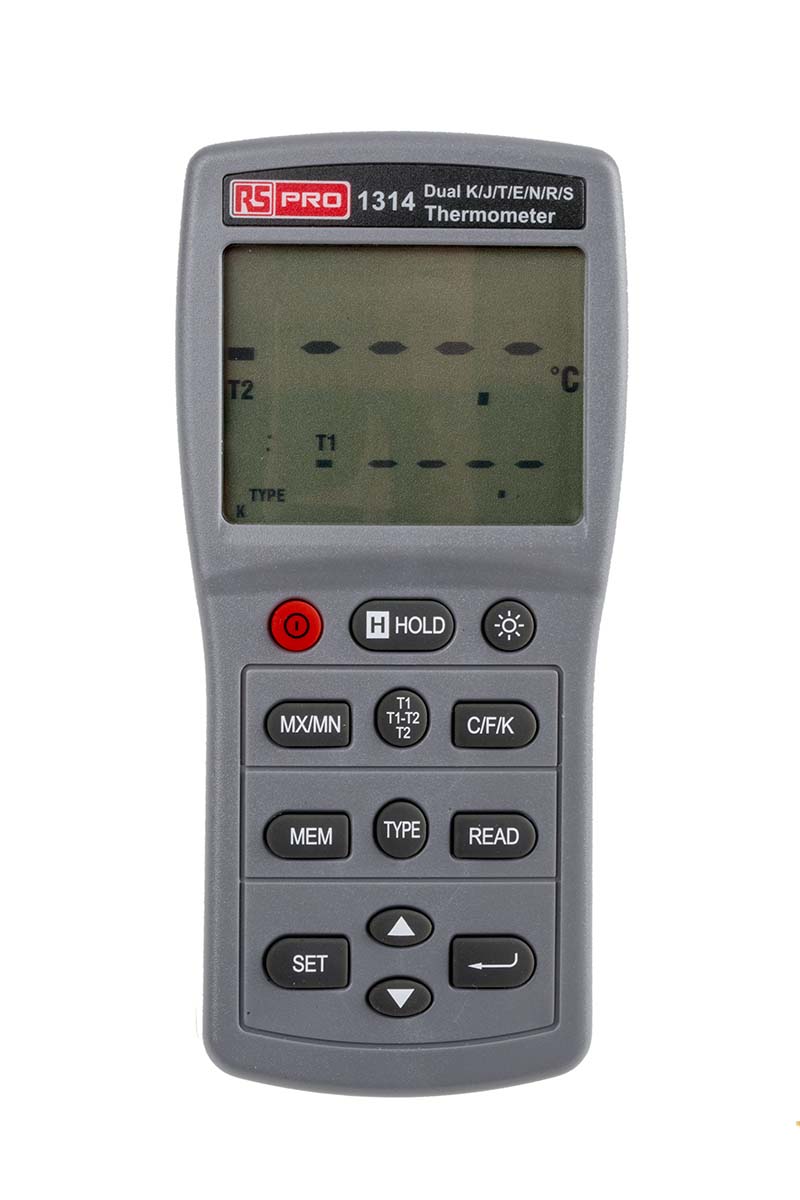 RS PRO 1314 Wired Digital Thermometer, E, J, K, N, R, S, T Probe, 2 Input(s), +1090 (J) °C, +1300 (N) °C, +1370 (K) °C,