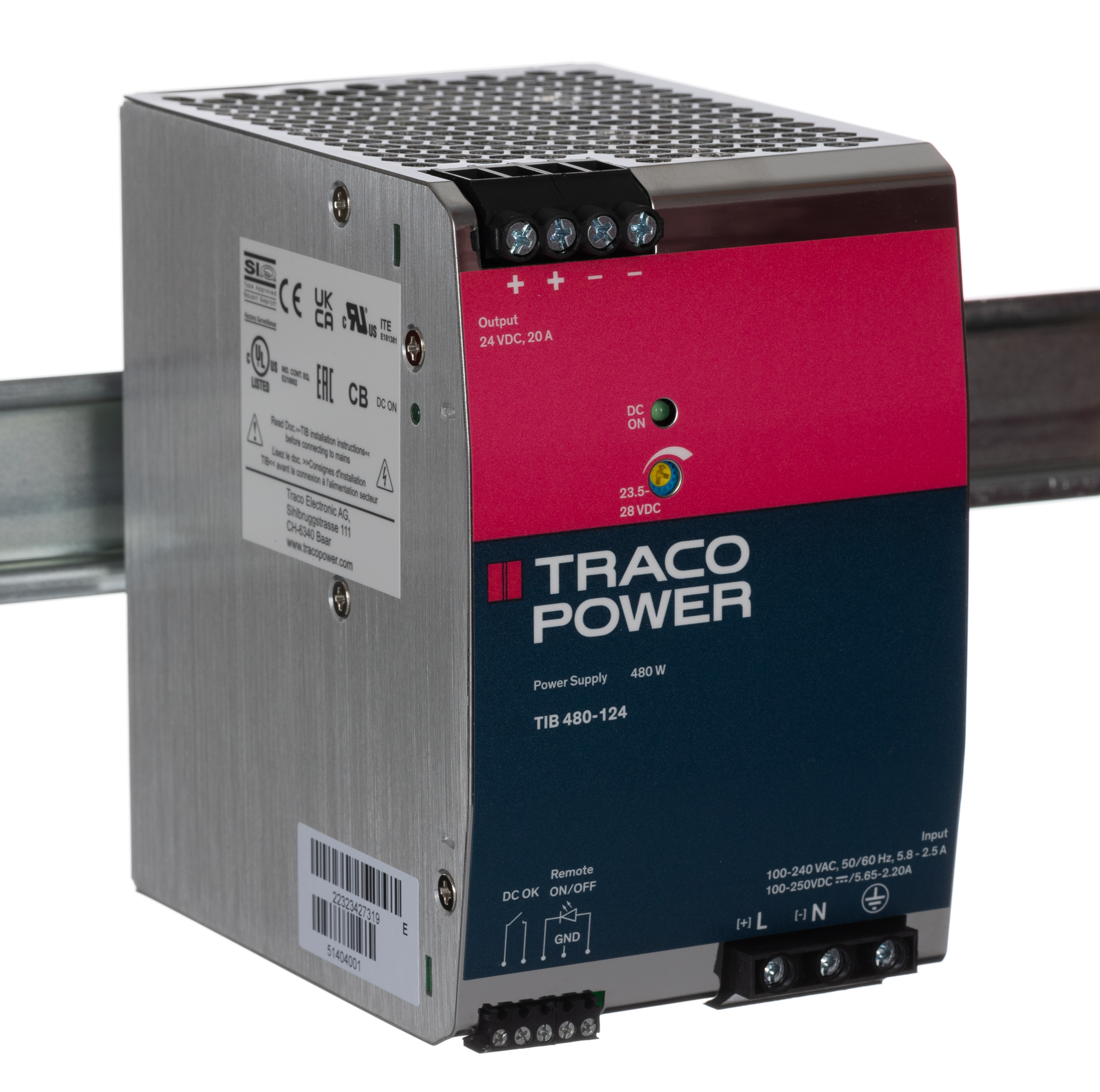 TRACOPOWER TIB DIN Rail Power Supply, 85 → 264V ac ac Input, 24V dc dc Output, 20A Output, 480W
