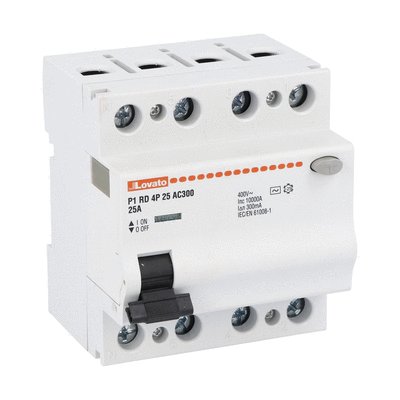 Lovato P1RD Residual Current Circuit Breaker, 25A, 4 Pole, 300mA, Type AC, 230 V ac, 400 V ac