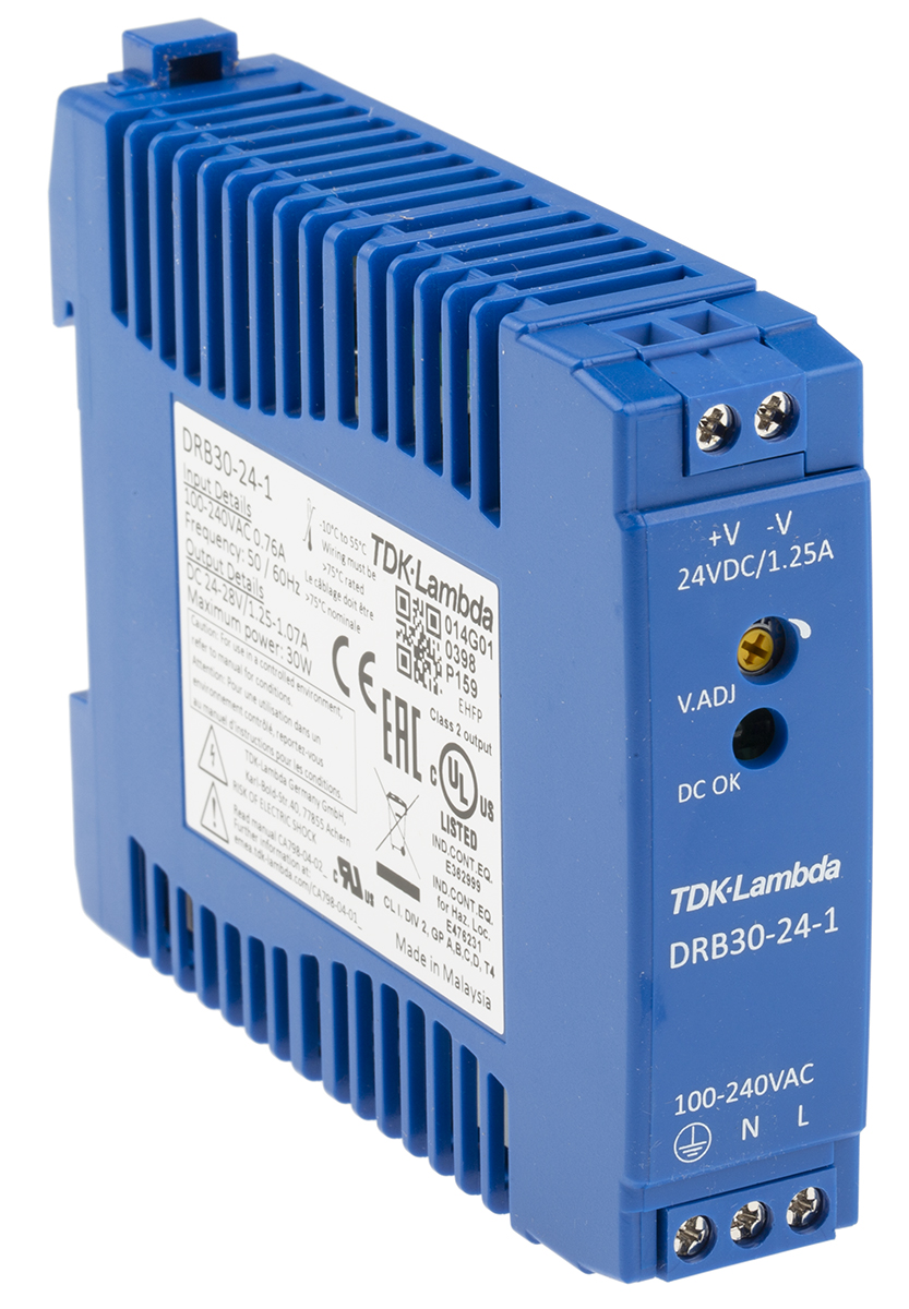 TDK-Lambda DRB Switched Mode DIN Rail Power Supply, 85 → 264V ac ac Input, 24V dc dc Output, 1.25A Output, 30W