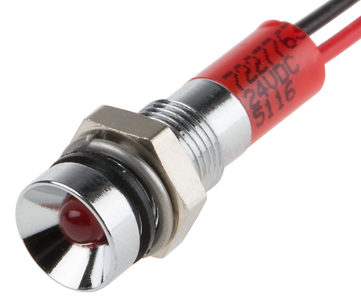 RS PRO Red Panel Mount Indicator, 24V dc, 6mm Mounting Hole Size, Lead Wires Termination, IP67