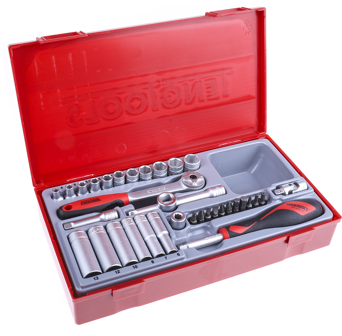 Teng Tools 35-Piece Metric 1/4 in Deep Socket/Standard Socket/Bit Set with Ratchet, 6 point; Hex Bit; Phillips Bit;