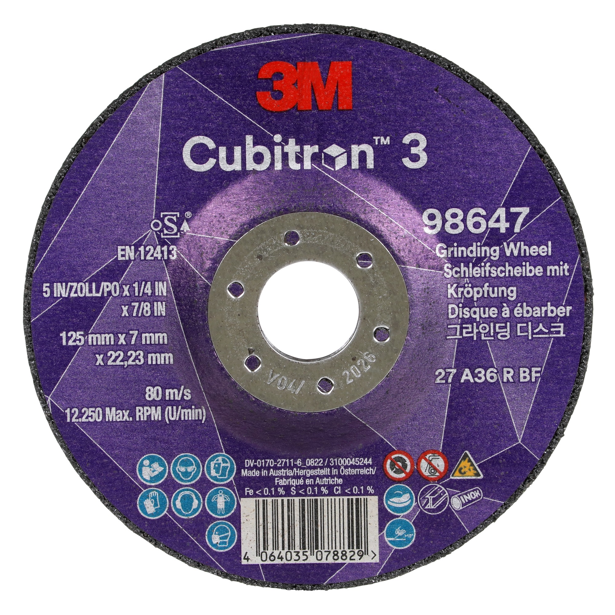 3M 98647 Cubitron 3 Ceramic Grinding Wheel, 125mm Diameter, 36+ Grit