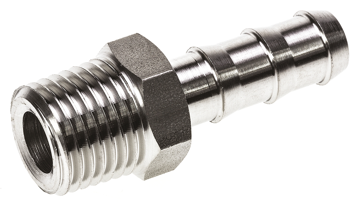 Legris Stainless Steel Pipe Fitting, Straight Hexagon Tailpiece Adapter, Male R 1/4in x Male