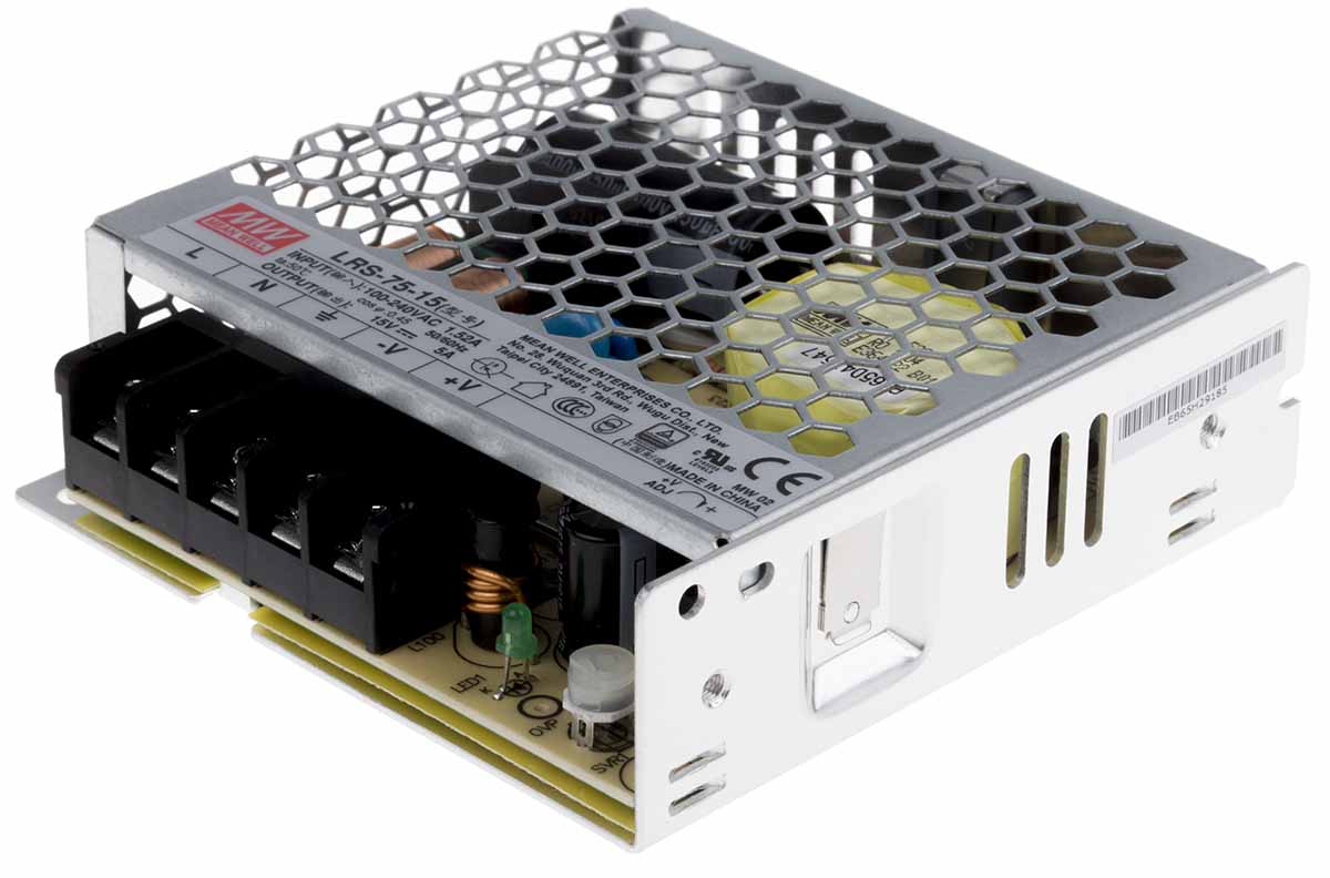MEAN WELL Switching Power Supply, LRS-75-15, 15V dc, 5A, 75W, 1 Output, 120 → 373 V dc, 85 → 264 V ac
