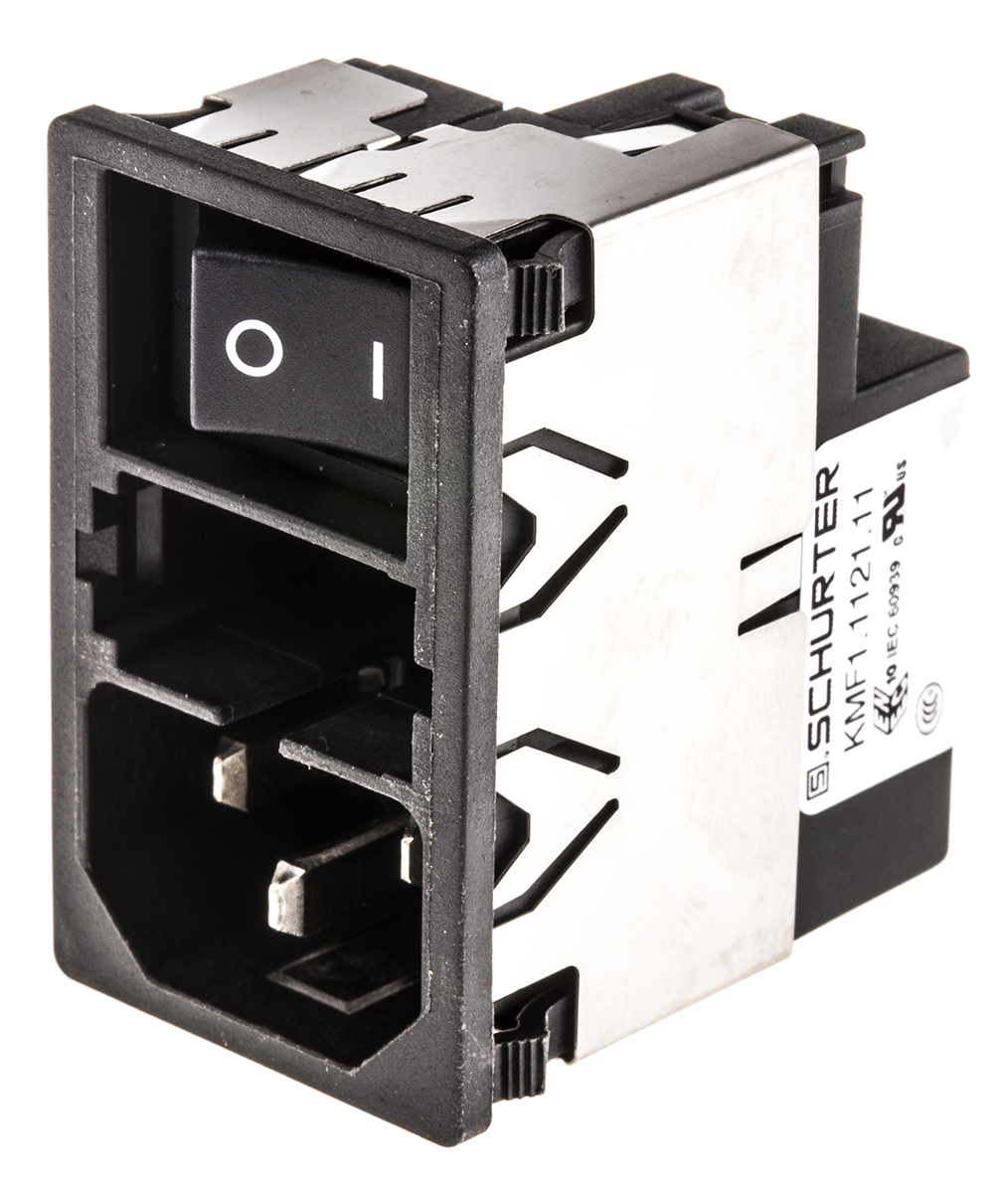 Schurter 2A, 250 V ac Male Snap-In Filtered IEC Connector 2 Pole KMF1.1121.11, Solder 2 Fuse