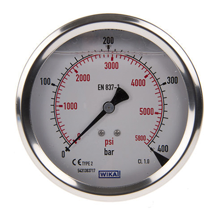 WIKA Analogue Pressure Gauge 400bar Back Entry 100mm Outside Diameter, UKAS