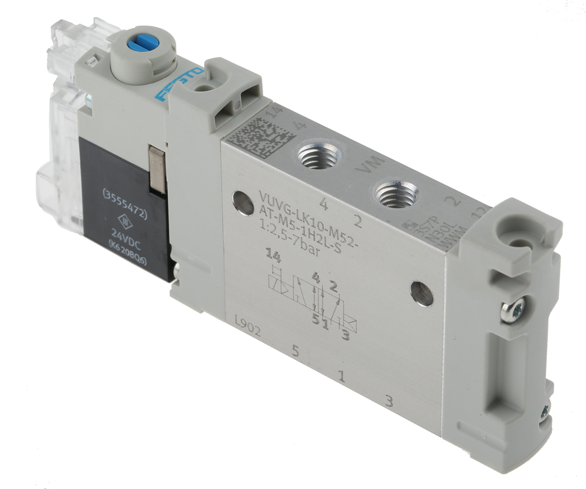 Festo 5/2 Solenoid Valve - Solenoid/Spring Metric M5 VUVG Series 24V dc, 8042539