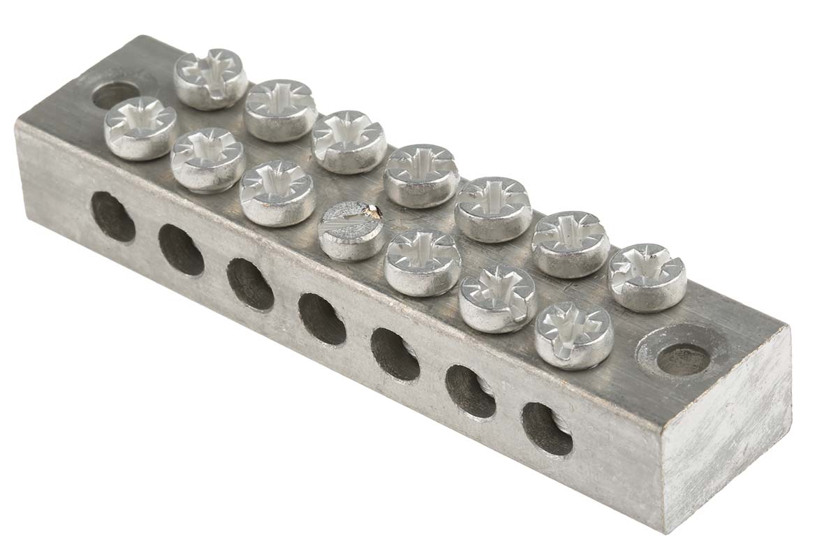 RS PRO 7-Way Double Screw Earth Terminal Block, 0 to 16mm², 0 → 16 AWG Wire, Screw Down, Brass Housing