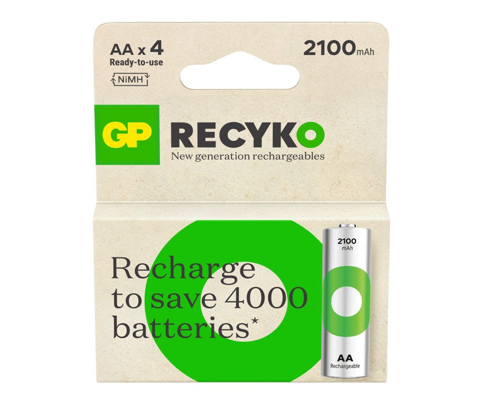 Gp Batteries GP Recyko AA NiMH Rechargeable AA Battery, 2.15Ah, 1.2V - Pack of 4