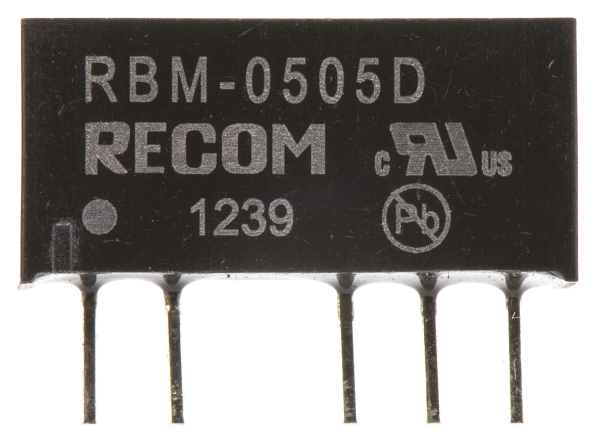 Recom RBM DC-DC Converter, ±5V dc/ ±100mA Output, 4.5 → 5.5 V dc Input, 1W, Through Hole, +85°C Max Temp -40°C