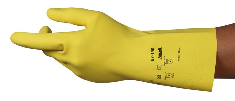 Ansell AlphaTec 87-190 Yellow Natural Rubber Work Gloves, Size 7, Natural Rubber Coating