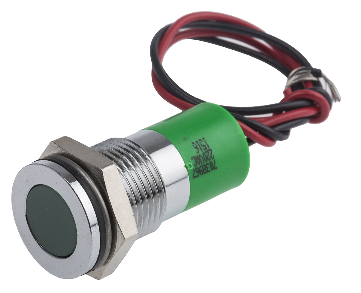 RS PRO Green Panel Mount Indicator, 220V ac, 14mm Mounting Hole Size, Lead Wires Termination, IP67