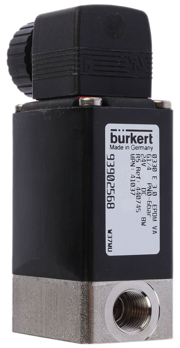 Burkert Solenoid Valve 041037, 3 Port, NO/NC, 24 V dc 1/4 in G, 6.35 mm