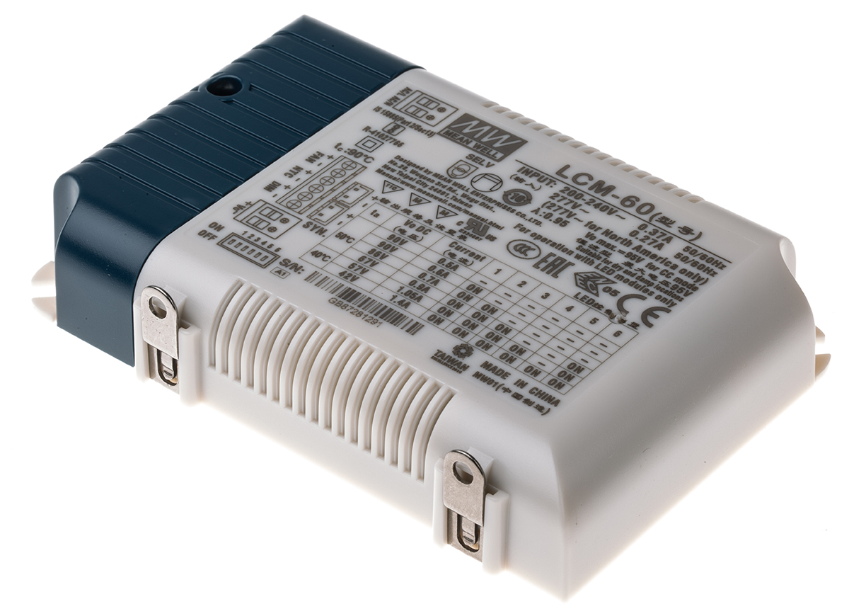MEAN WELL LED Driver, 2 → 90V Output, 60.3W Output, 1.05 A, 1.4 A, 500 mA, 600 mA, 700 mA, 900 mA Output,