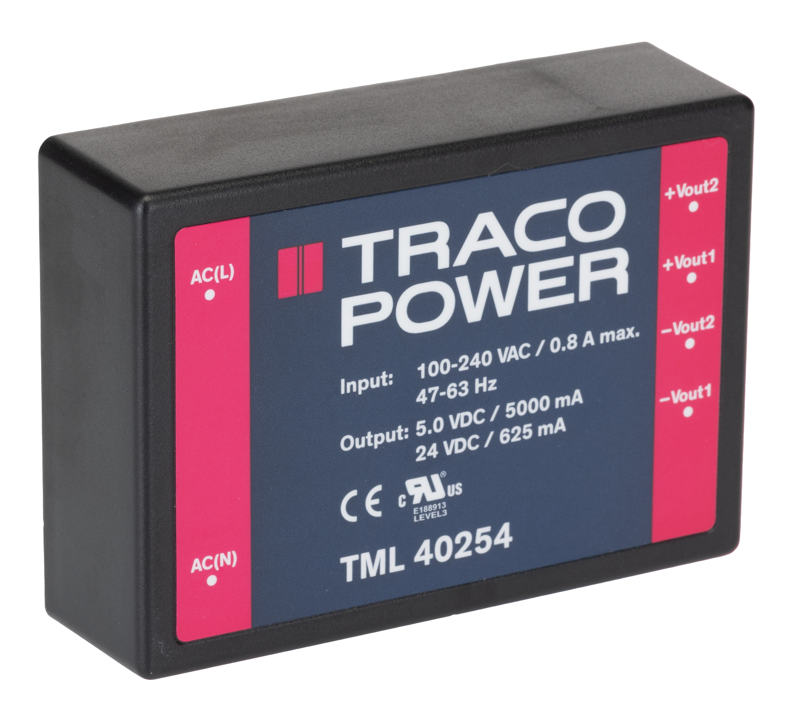 TRACOPOWER Switching Power Supply, TML 40254, 5 V dc, 24 V dc, 5 A, 625mA, 40W, Dual Output, 100 → 375 V dc, 90