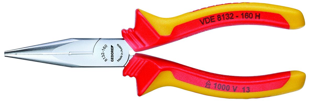 Gedore VDE Long Nose Pliers, 160 mm Overall, Straight Tip, VDE/1000V, 50mm Jaw