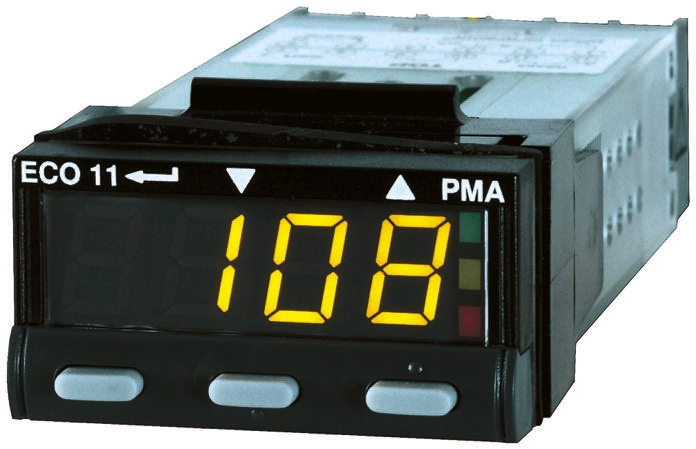 P.M.A ECO 11 PID Temperature Controller, 48 x 24 (1/32 DIN)mm, 2 Output Relay, SSR, 90 → 264 V ac Supply Voltage