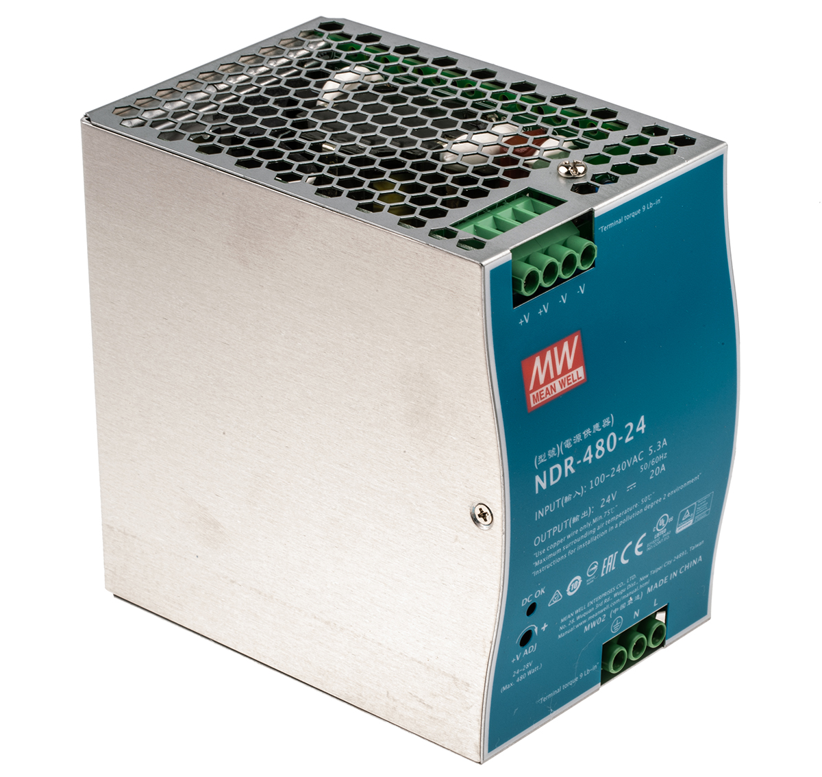 MEAN WELL NDR Switched Mode DIN Rail Power Supply, 90 → 264V ac ac Input, 24V dc dc Output, 20A Output, 480W