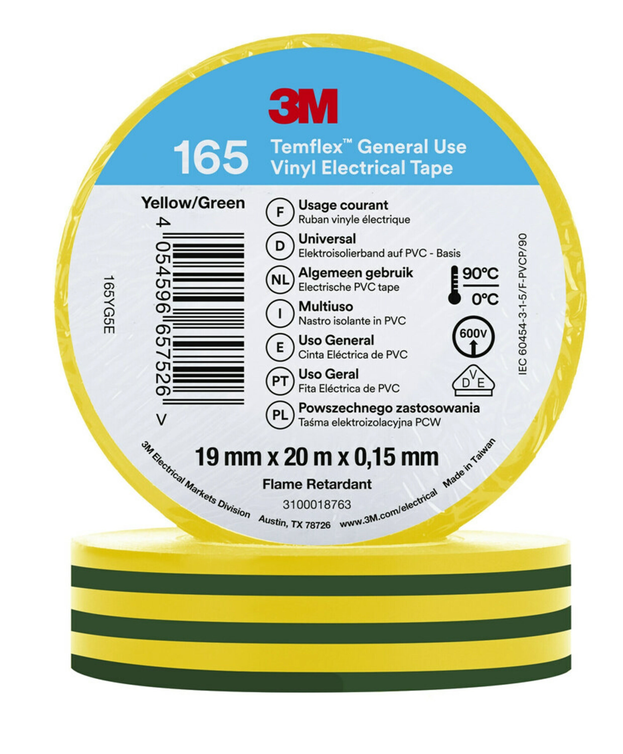 3M Temflex Green, Yellow Vinyl Electrical Tape, 19mm x 20m