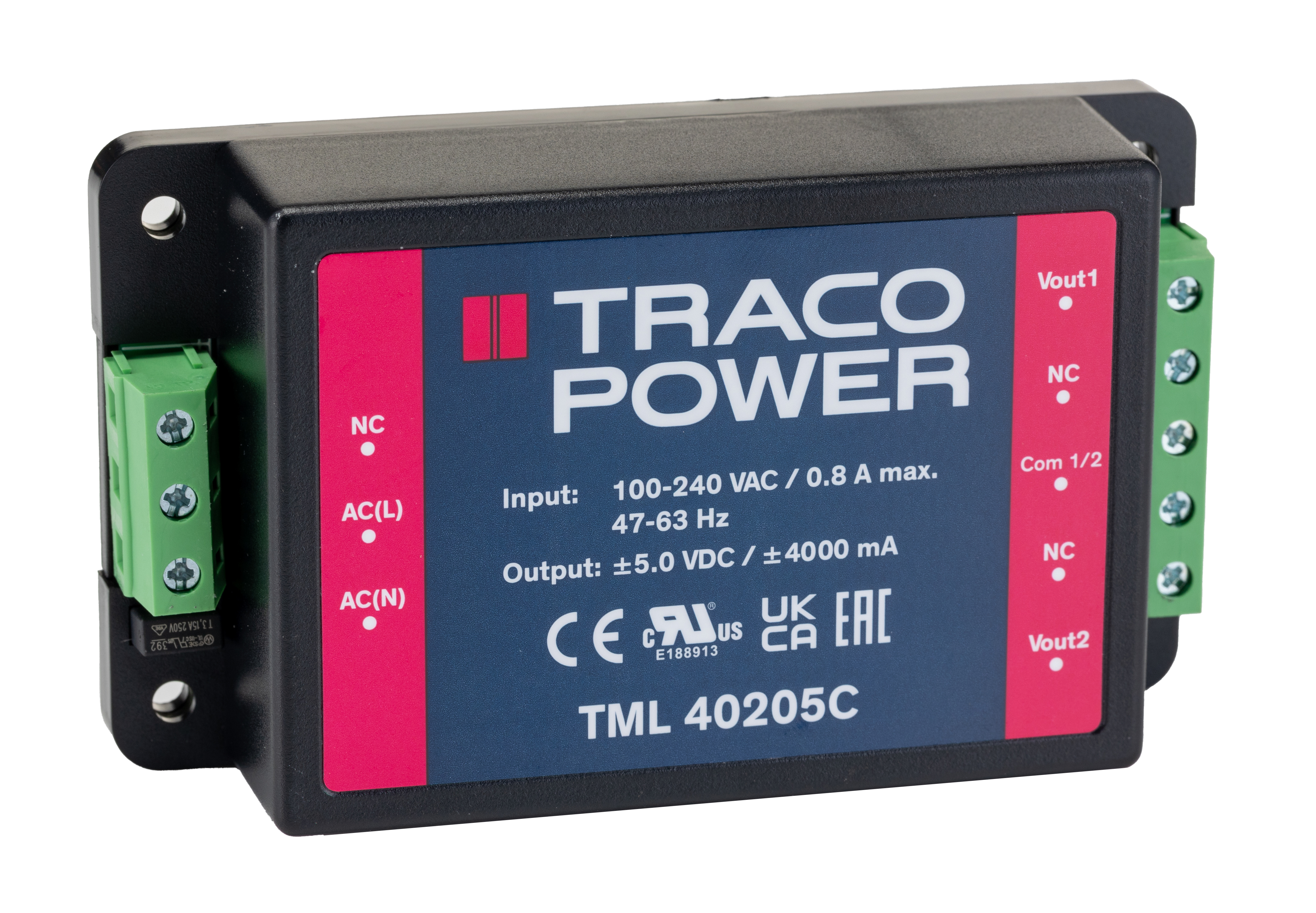 TRACOPOWER Switching Power Supply, TML 40205C, ±5V dc, 4A, 40W, Dual Output, 100 → 375 V dc, 90 → 264 V