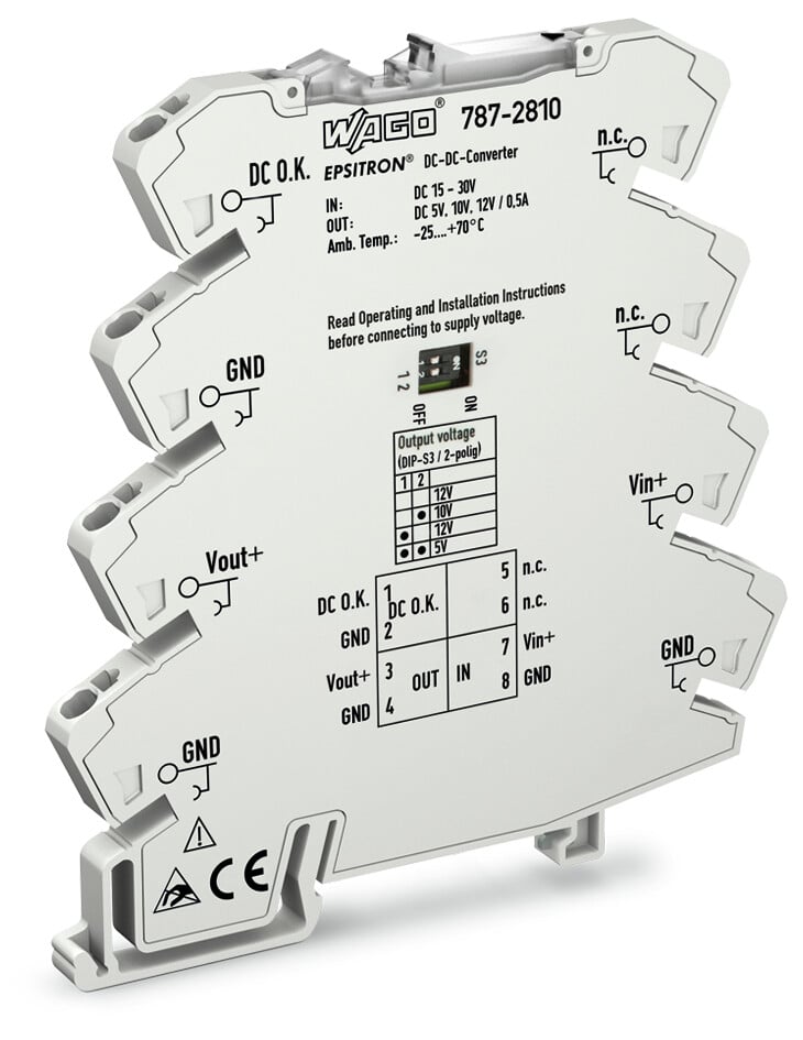 WAGO 787 DC-DC Converter, 5V dc/ 500mA Output, 15 → 30 V dc Input, 2.5W, DIN Rail Mount, +70°C Max Temp -25°C
