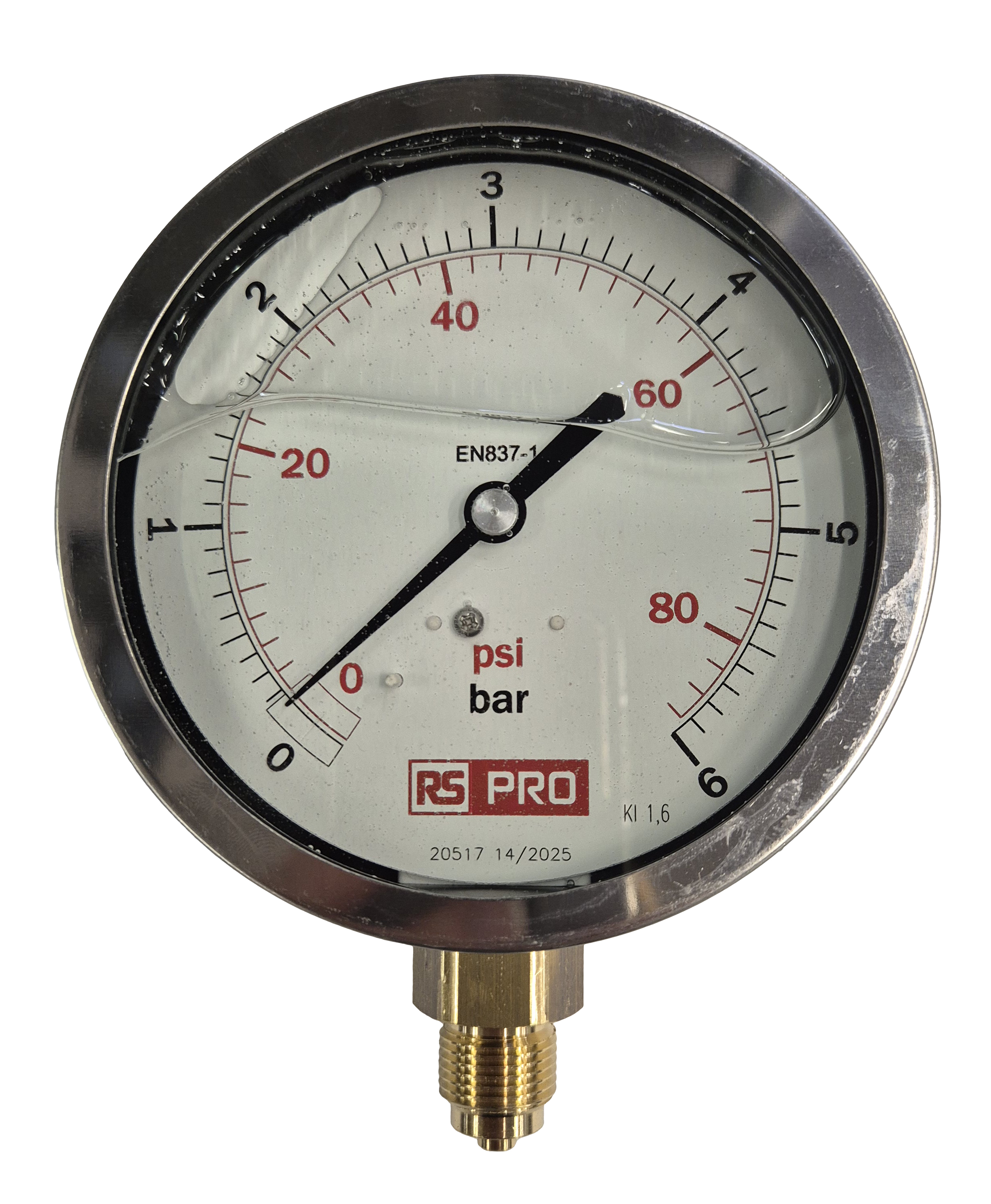 RS PRO BSP 3/8 Analogue Pressure Gauge 6bar Bottom Entry 100mm Outside Diameter