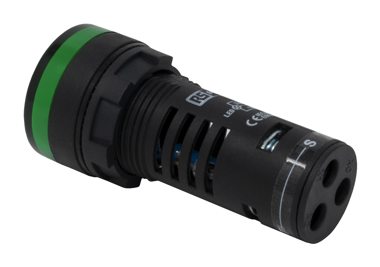 RS PRO, Panel Mount Green LED Pilot Light, 22mm Cutout, IP65, Round, 230V ac