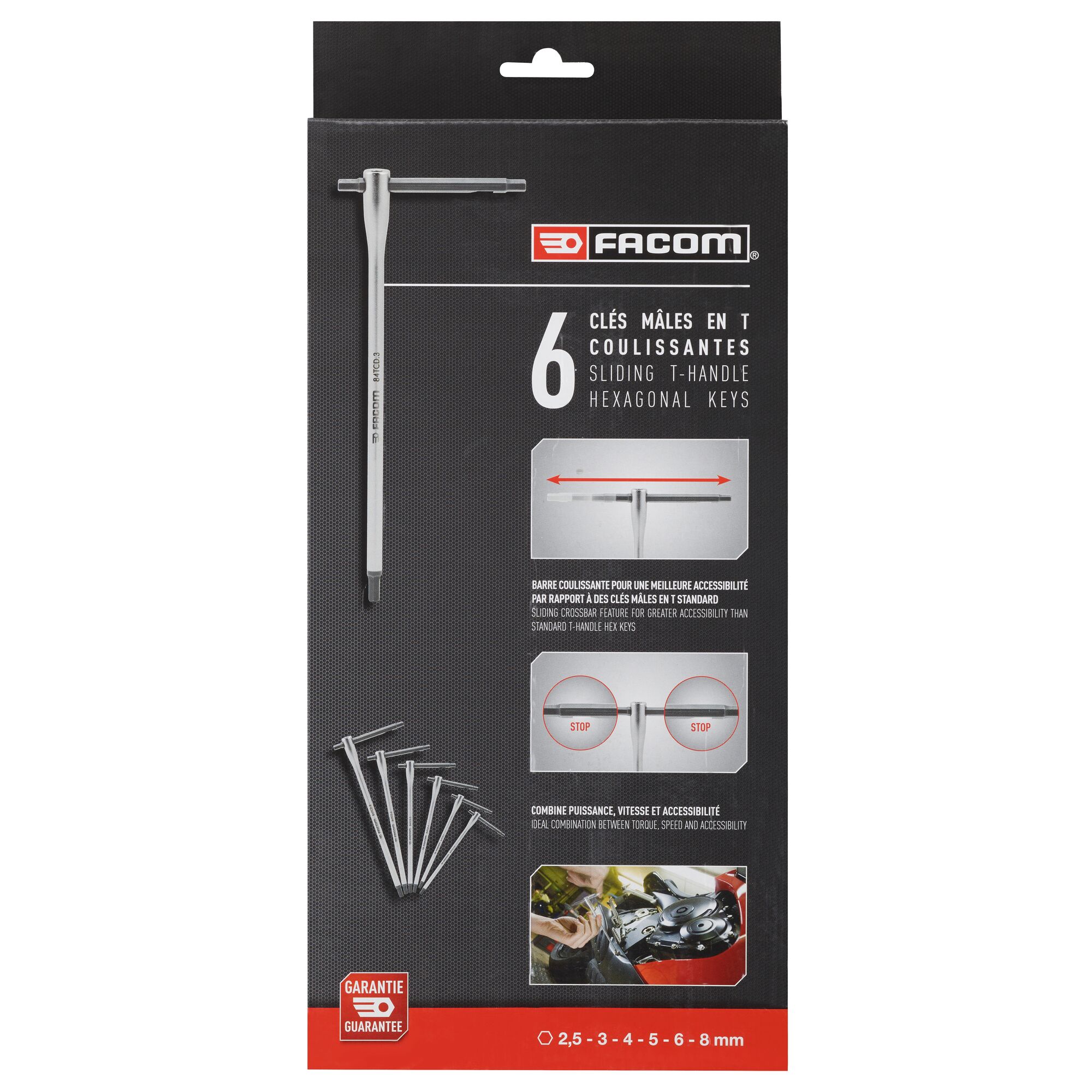 Facom 6 piece T Shape Metric Hex Key Set, 2.5 - 3 - 4 - 5 - 6 - 8mm